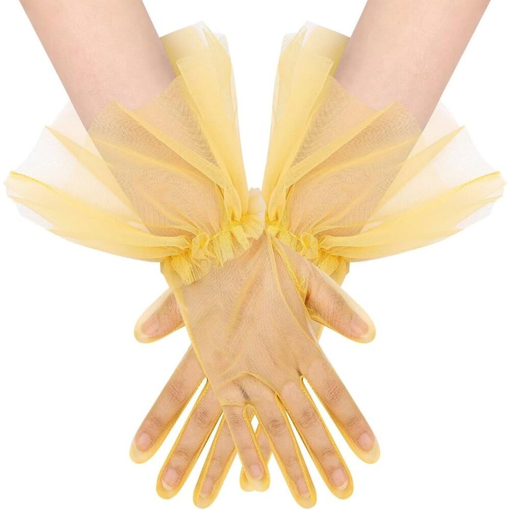 Women's Puffy Ruffle Yellow Tulle Sheer Mesh Party Prom One Size Short Gloves